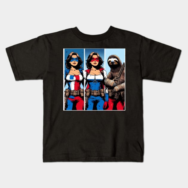 Francais: Female Gritty 80's Comic Book Hero with Sloth 1 Kids T-Shirt by Woodpile